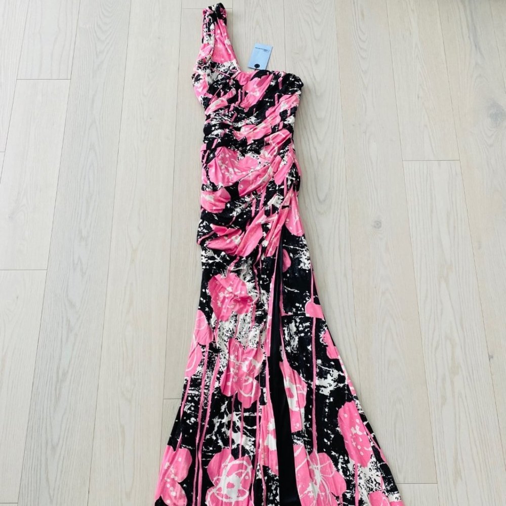 BLUMARINE Shoulder RUNWAY Long GOWN Slit DRESS Pink FLORAL Italy ( XS )